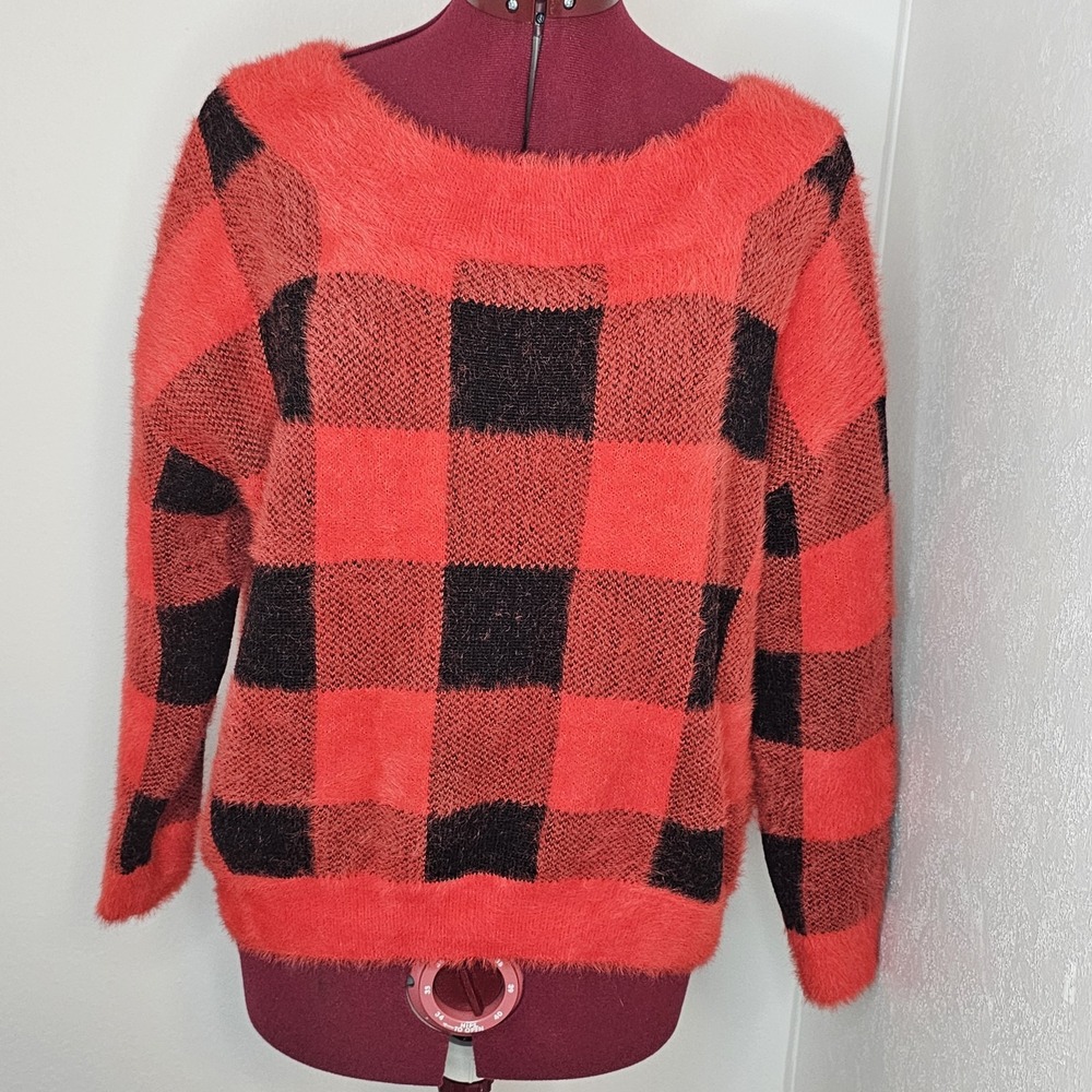 Express Fuzzy Buffalo Plaid Sweater Red Black Cozy Oversized Medium